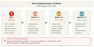 Root canal pain recovery timeline: 7-day overview showing declining pain levels and pain management strategies